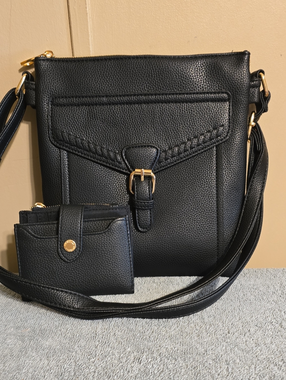 Black Leather Crossbody Bag with Matching Wallet
